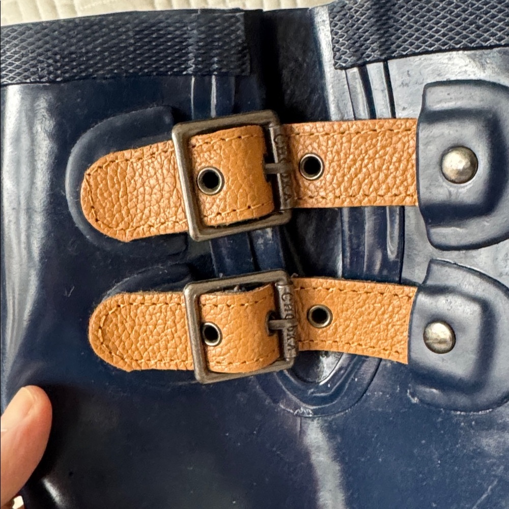 Chooka Shiny Blue Rain Boots with Tan Buckle Accents - Picture 5 of 15